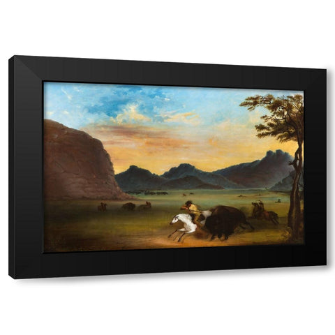 Buffalo Hunt Black Modern Wood Framed Art Print by Miller, Alfred Jacob