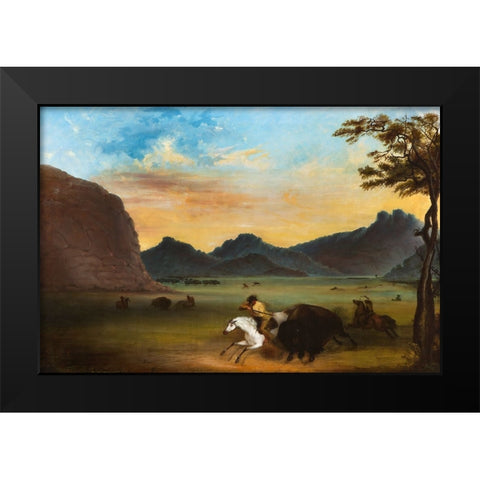 Buffalo Hunt Black Modern Wood Framed Art Print by Miller, Alfred Jacob