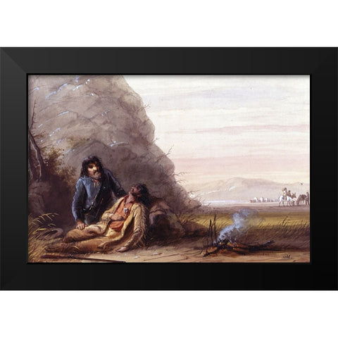 Free Trappers in Trouble Black Modern Wood Framed Art Print by Miller, Alfred Jacob