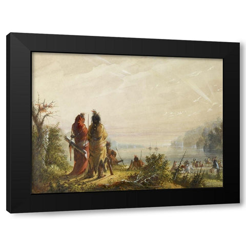 Indians Threatining to Attack Fur Boats Black Modern Wood Framed Art Print by Miller, Alfred Jacob