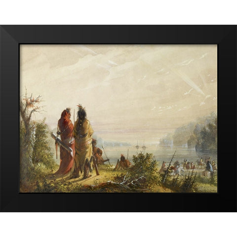 Indians Threatining to Attack Fur Boats Black Modern Wood Framed Art Print by Miller, Alfred Jacob