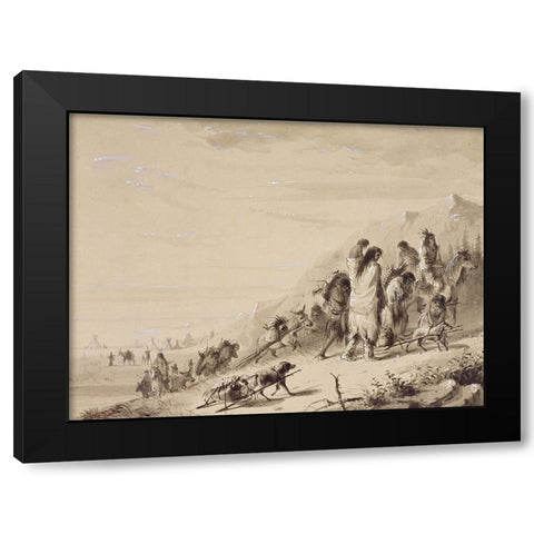 Pawnee Indians Migrating Black Modern Wood Framed Art Print with Double Matting by Miller, Alfred Jacob