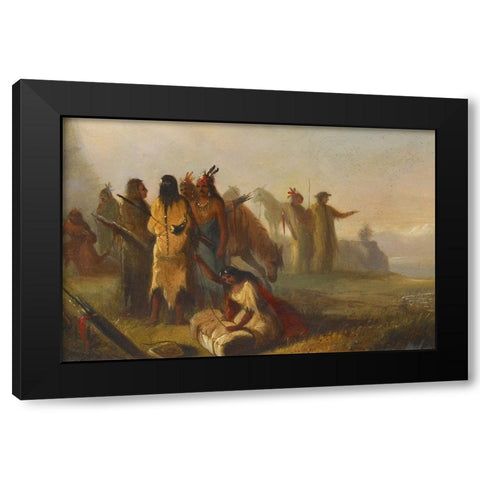 Scene of Trappers and Indians Black Modern Wood Framed Art Print with Double Matting by Miller, Alfred Jacob