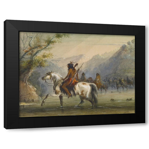 Fording a River Black Modern Wood Framed Art Print by Miller, Alfred Jacob