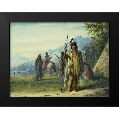 Snake Indian Camp Black Modern Wood Framed Art Print by Miller, Alfred Jacob