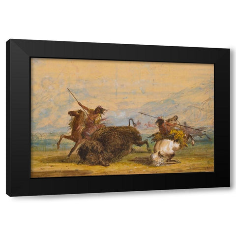 Crow Indians attacking a buffalo with the lance Black Modern Wood Framed Art Print by Miller, Alfred Jacob