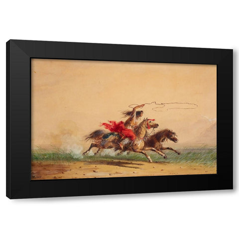 Lassoing Wild Horses Black Modern Wood Framed Art Print by Miller, Alfred Jacob