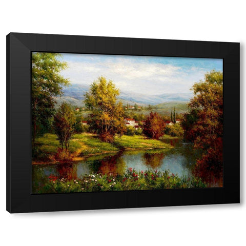 Village at the River Bank Black Modern Wood Framed Art Print by Hulsey