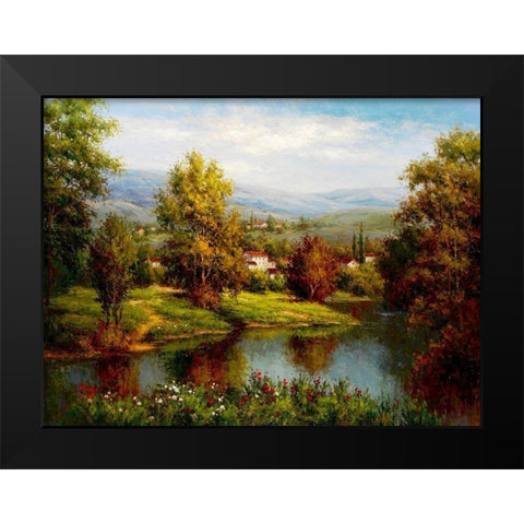 Village at the River Bank Black Modern Wood Framed Art Print by Hulsey