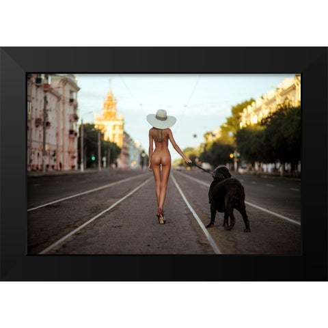 Lady with her dog Black Modern Wood Framed Art Print by Oryx, Gene