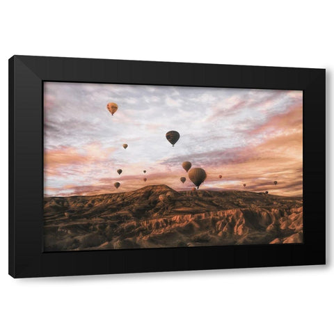 Cappodocia Hot air Balloon Black Modern Wood Framed Art Print by Yorgancilar, Ayse