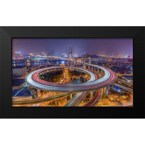 The Nanpu Bridge Black Modern Wood Framed Art Print by Chen, Barry