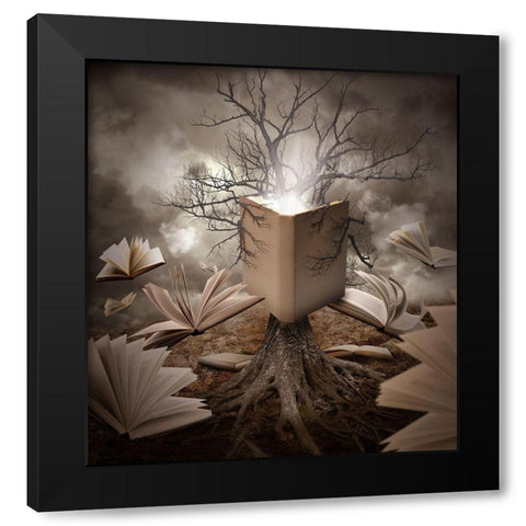 Old Tree Reading Story Book Black Modern Wood Framed Art Print by Waye, Angela