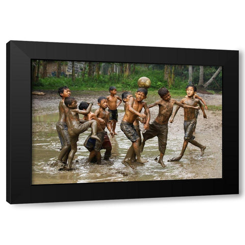 Playing Football Black Modern Wood Framed Art Print with Double Matting by Muliani Hartojo, Angela