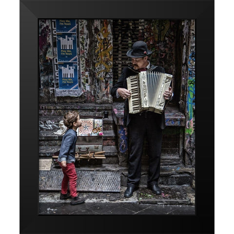 The Busker And The Boy Black Modern Wood Framed Art Print by Russell, Vince
