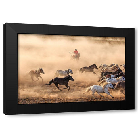Horse Run Black Modern Wood Framed Art Print with Double Matting by Wong, Adam