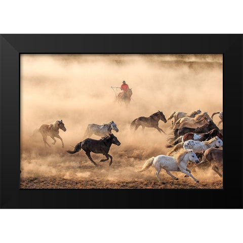Horse Run Black Modern Wood Framed Art Print by Wong, Adam