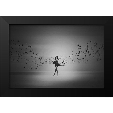 Ballerina flight of Birds Black Modern Wood Framed Art Print by Biwit, Mark
