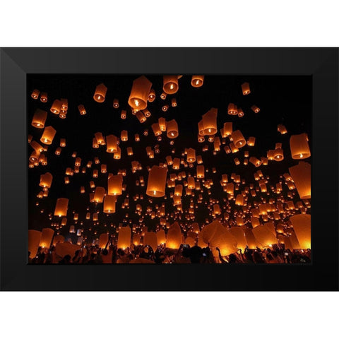 Floating Lanterns Black Modern Wood Framed Art Print by Vichaya