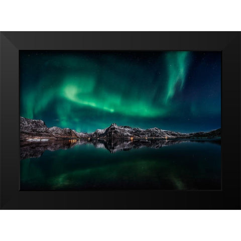 Lofoten Aurora Reflection Black Modern Wood Framed Art Print by De La, Javier