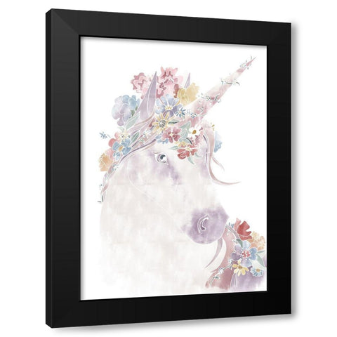 Unicorn Floral Black Modern Wood Framed Art Print with Double Matting by Artographie Studio