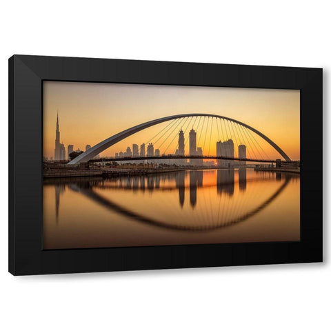 Sunrise at the Dubai Water Canal Black Modern Wood Framed Art Print with Double Matting by Shamaa, Mohammed