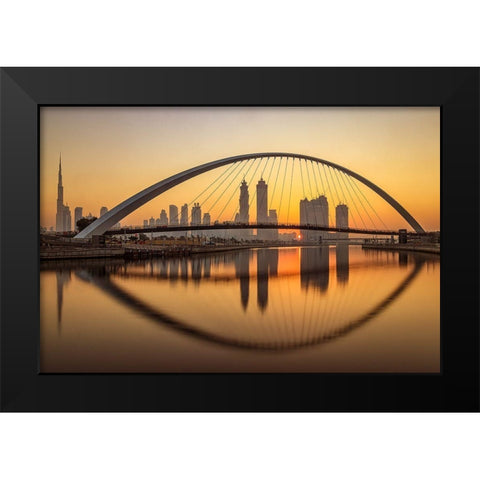 Sunrise at the Dubai Water Canal Black Modern Wood Framed Art Print by Shamaa, Mohammed
