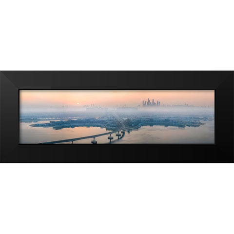 City in the morning mist Black Modern Wood Framed Art Print by Chen, John. J