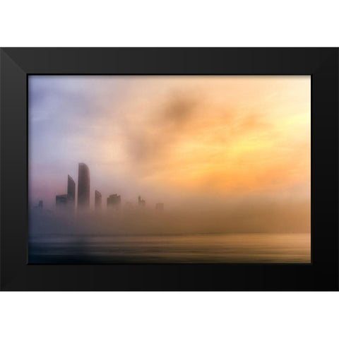 Abu Dhabi Cityscape - Foggy Morning Black Modern Wood Framed Art Print by Kazzaz, mohamed