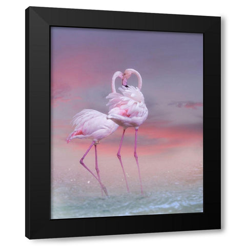 Flamingo Ballet Black Modern Wood Framed Art Print with Double Matting by Wisniowska, Krystina