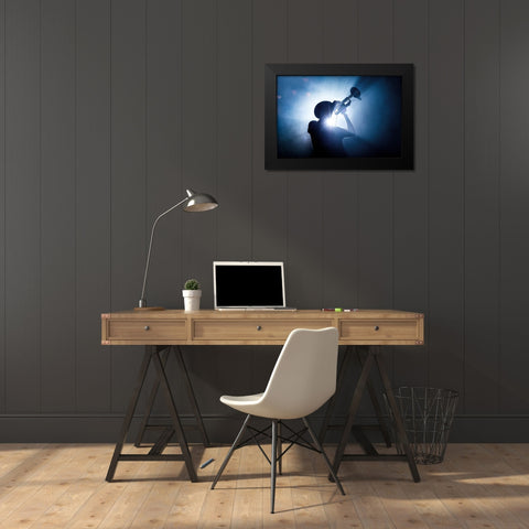 Trumpet Player Black Modern Wood Framed Art Print by De Klerck, Erik