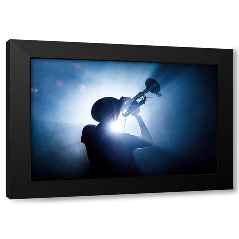 Trumpet Player Black Modern Wood Framed Art Print by De Klerck, Erik