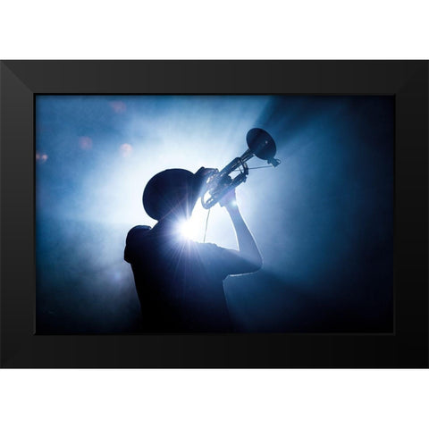 Trumpet Player Black Modern Wood Framed Art Print by De Klerck, Erik