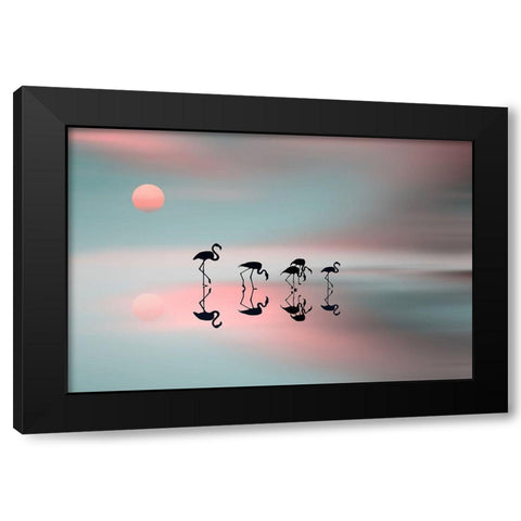 Family flamingos Black Modern Wood Framed Art Print by Natalia