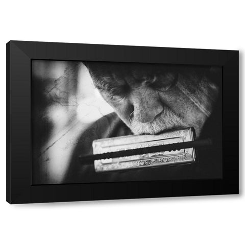 Wolf with harmonica Black Modern Wood Framed Art Print by Schleicher-Schwarz, Roswitha