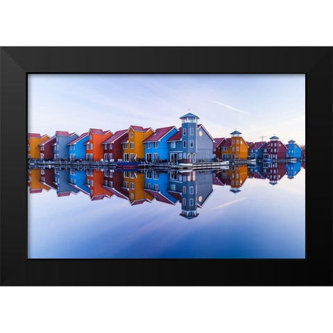 Colored homes Black Modern Wood Framed Art Print by Drijfhamer, Ton