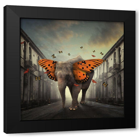 Butterphant Black Modern Wood Framed Art Print by Hardibudi