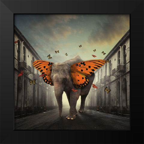 Butterphant Black Modern Wood Framed Art Print by Hardibudi