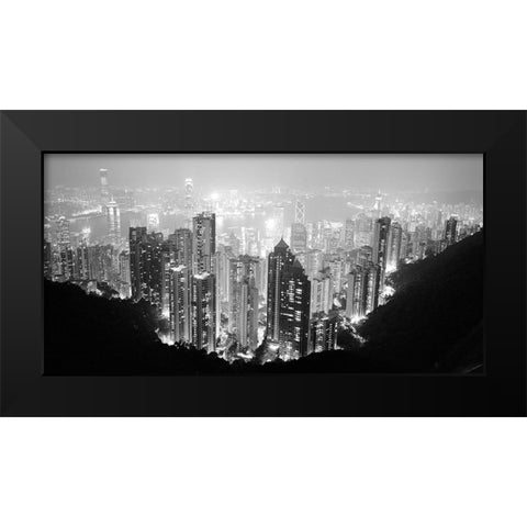 Hong Kong Skyline at Night Black Modern Wood Framed Art Print by Butcher, Dave