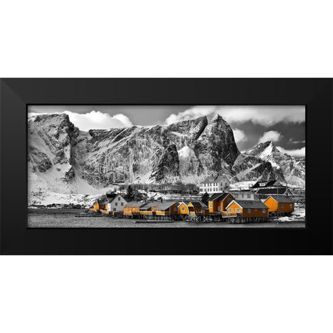 Lofoten Reine Panorama mit gelben Hauser Black Modern Wood Framed Art Print by Fischer, Rolf