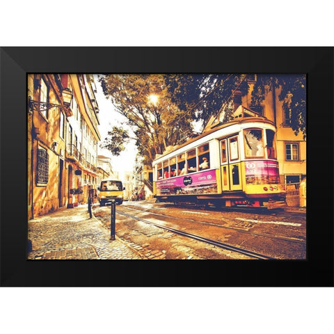Lisboa Street Black Modern Wood Framed Art Print by Lusitano Photographie