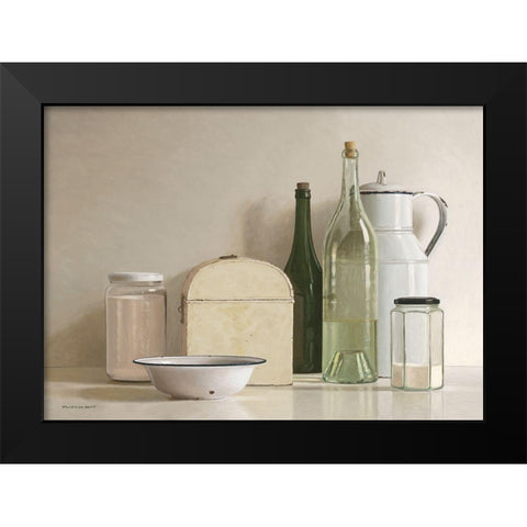 2 jars-2 bottles-jug-tin box and bowl Black Modern Wood Framed Art Print by de Bont, Willem