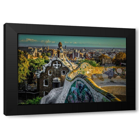 Colourful Barcelona Black Modern Wood Framed Art Print by Ronin