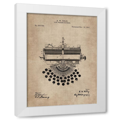 Patent Document of a Type Writing Machine White Modern Wood Framed Art Print by CAG
