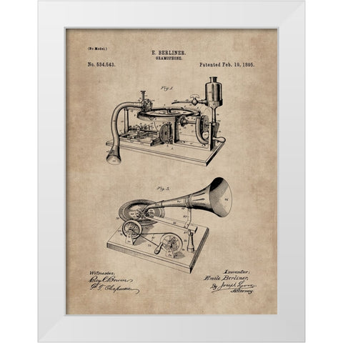 Patent Document of a Gramophone White Modern Wood Framed Art Print by CAG
