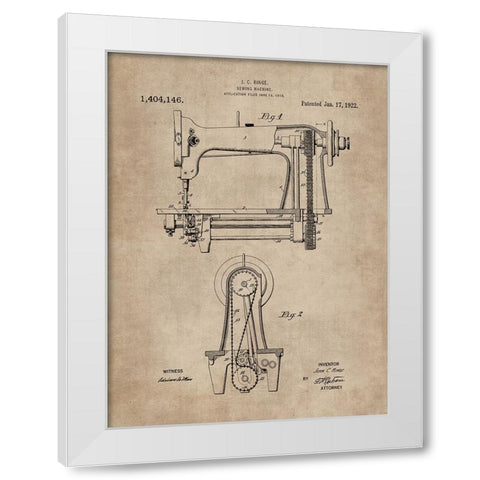 Patent Document of a Sewing Machine White Modern Wood Framed Art Print by CAG