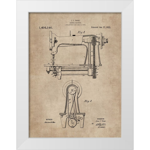 Patent Document of a Sewing Machine White Modern Wood Framed Art Print by CAG