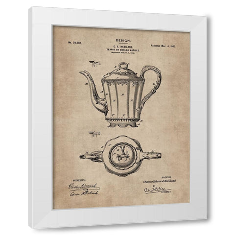 Patent Document of a Teapot White Modern Wood Framed Art Print by CAG