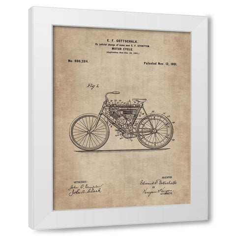 Patent Document of a Motor Cycle White Modern Wood Framed Art Print by CAG