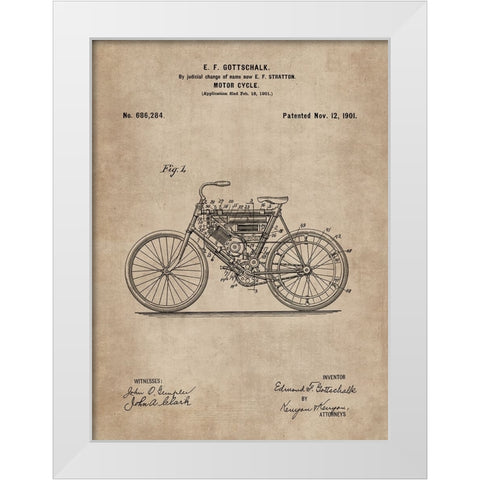 Patent Document of a Motor Cycle White Modern Wood Framed Art Print by CAG